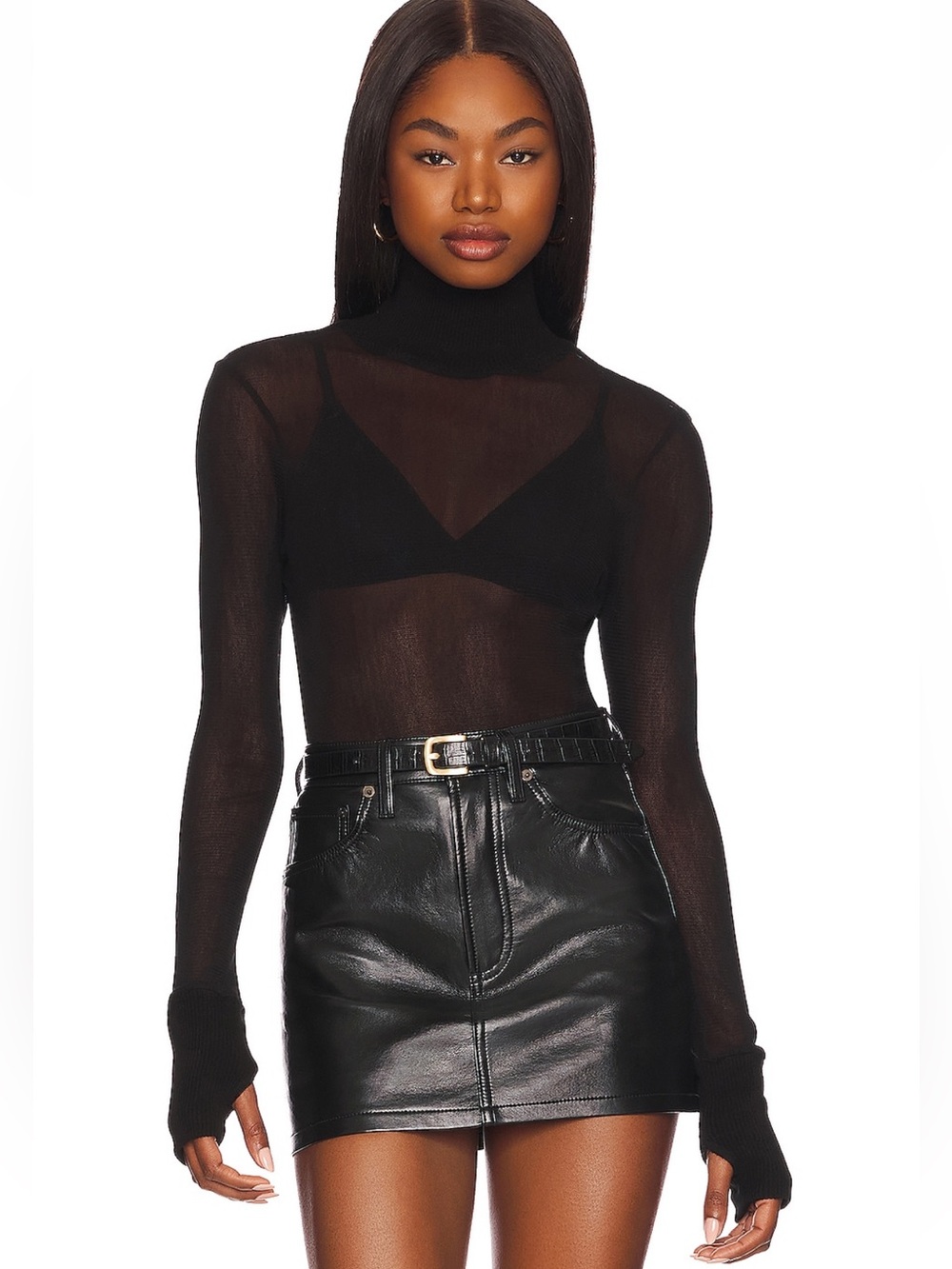 Enza Costa mesh cuffed turtleneck in black